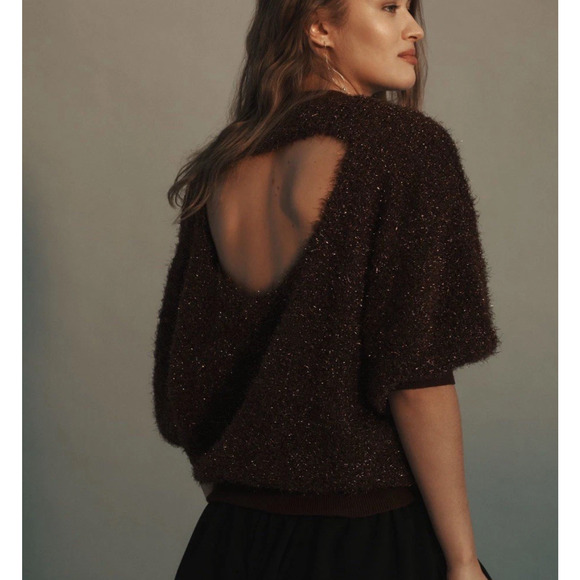 Maeve x Anthropologie Violetta Brown Sweater Womens Small Tinsel Shimmer - Picture 2 of 8
